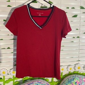 Tommy Hilfiger red V neck top with navy blue pin dots